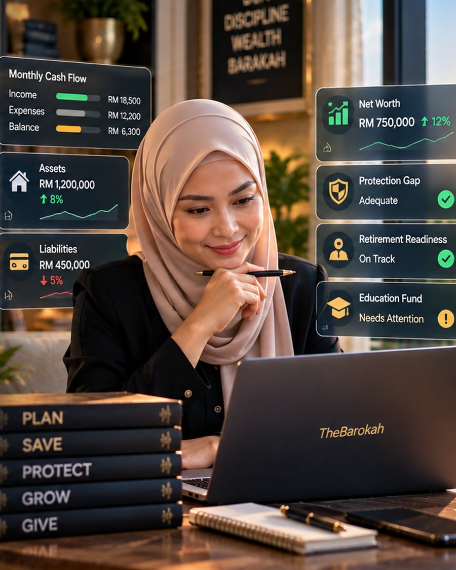 A woman reviewing her cash flow, assets, liabilities and net worth on a dashboard beside her laptop