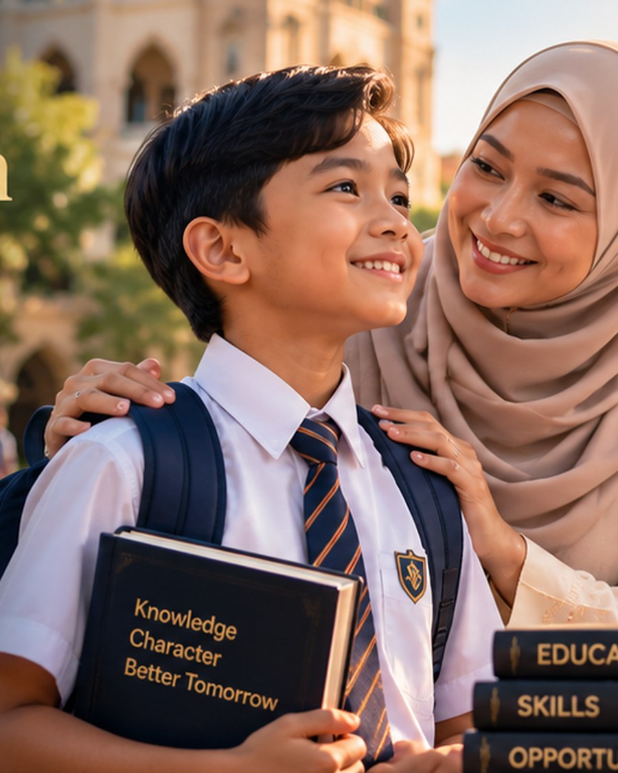 A mother walking her son to school, his school bag and books in hand