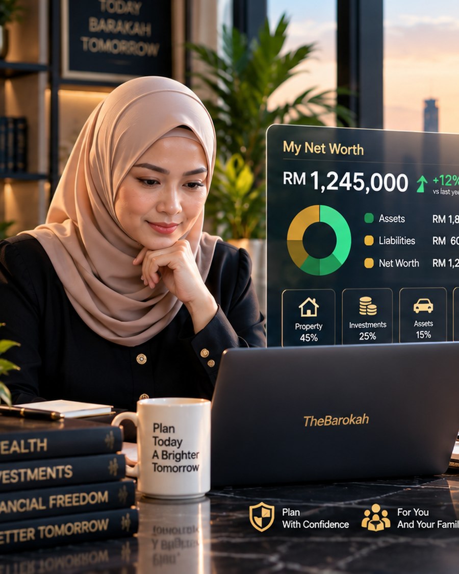 A woman reviewing her net worth, assets and liabilities on a dashboard beside her laptop