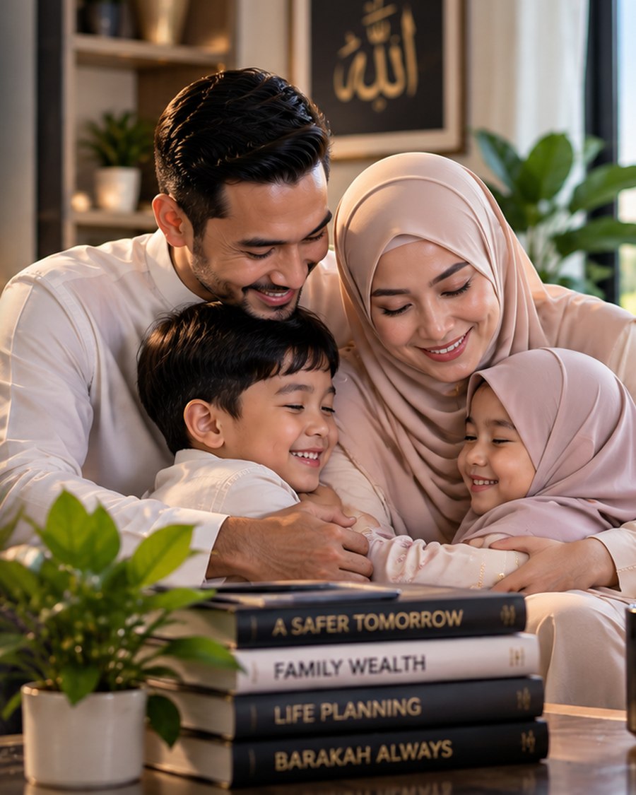 A mother, father, son and daughter together with their family books at home