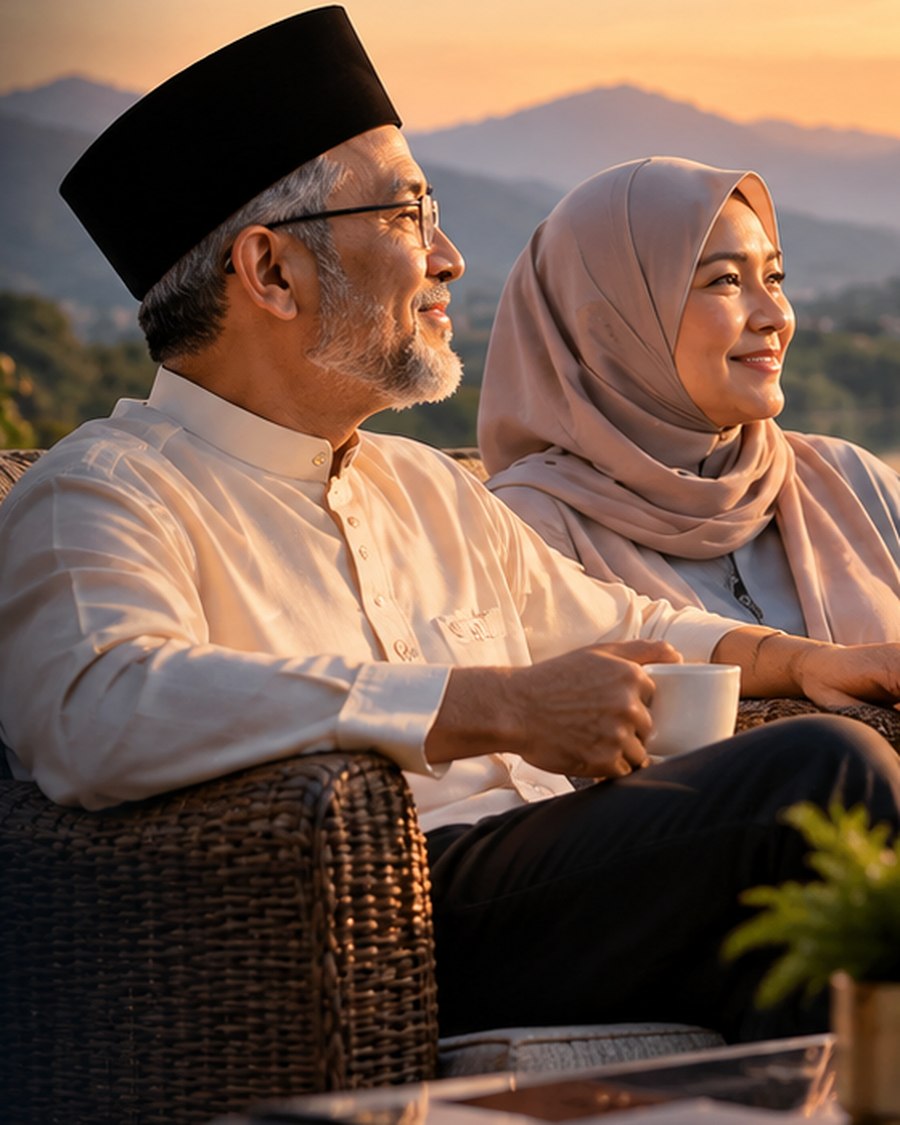 A retired couple sharing a cup of tea on a terrace at sunset