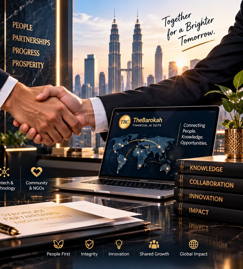 Two professionals shaking hands over a desk with the Kuala Lumpur skyline and TheBarokah screen behind them