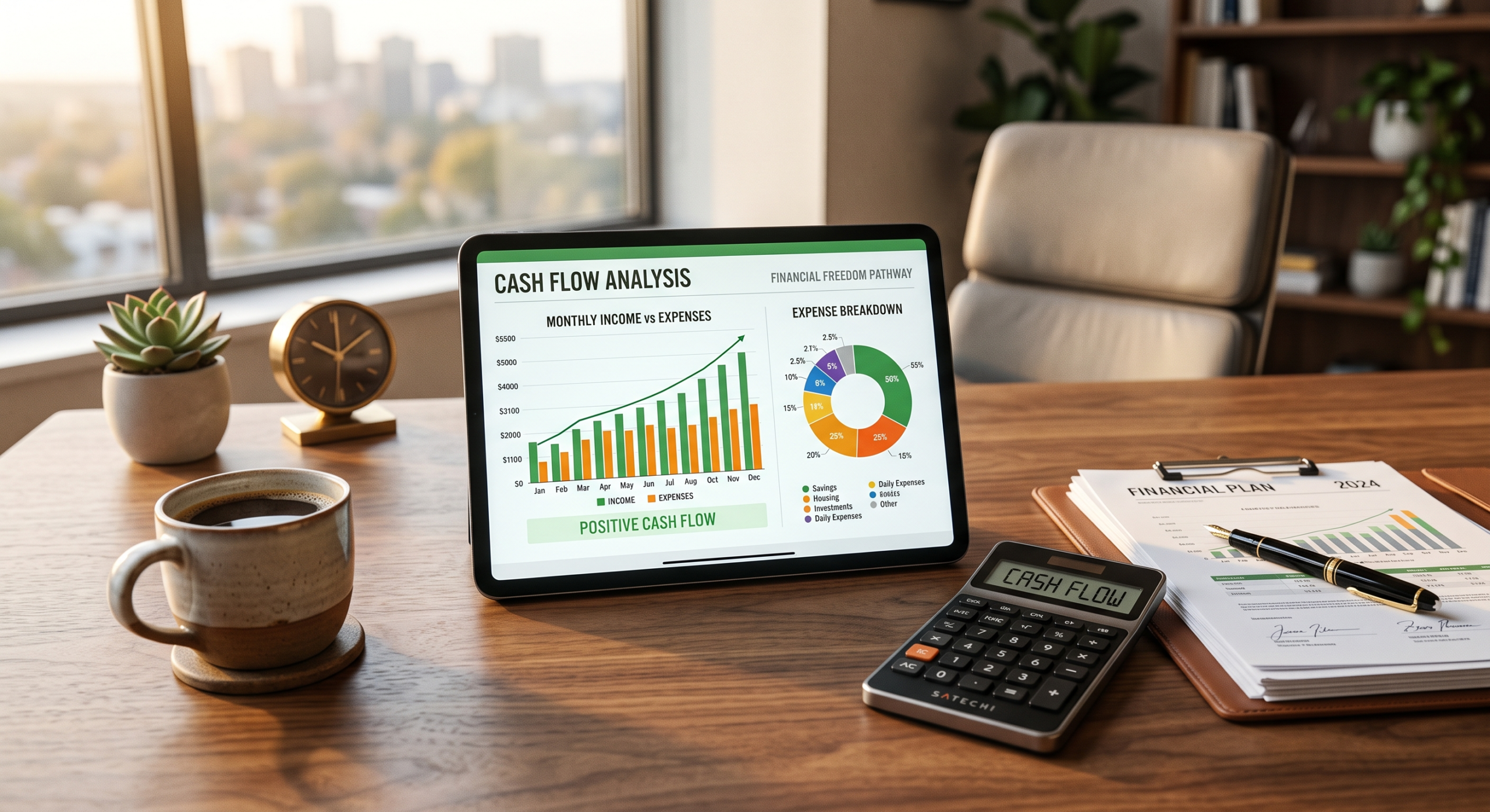 A cash flow analysis dashboard open on a tablet